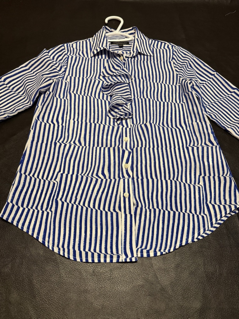 Banana Republic Blue and White Striped Ruffle-Front Button Shirt